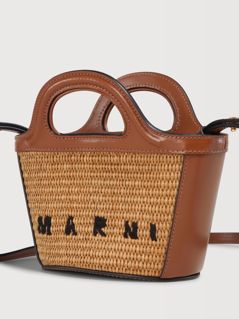 Tropicalia Brown Leather & Woven Straw Mini Tote with Black Logo